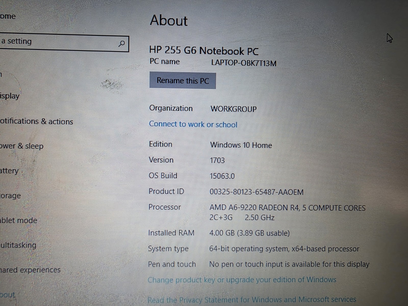 HP 255 G6-AMD A6-9220 RADEON R4, 5 COMPUTE CORES 2C+3G 2.50GH4GB Ram 500GB
