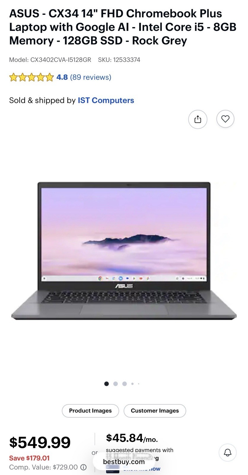 ASUS – CX34 14″ FHD Chromebook Plus Laptop with Google Al – Intel Core i5