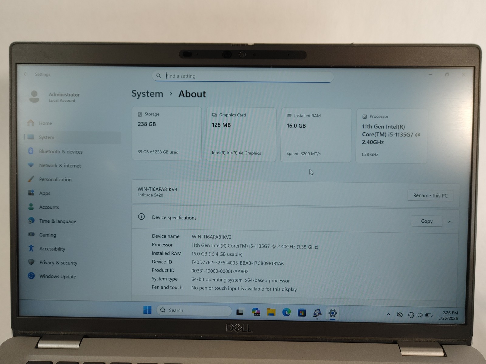 Dell Latitude 5420 Core i5-1135G7 2.40 GHz 16 GB DDR4 256 GB NVMe Windows 11 Pro