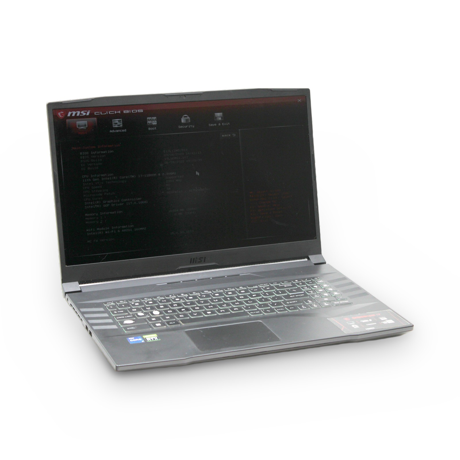 MSI Crosshair 17 17.3in i7-11800H 16GB 256GB RTX 3060 Grade C No OS, Pwr Cord