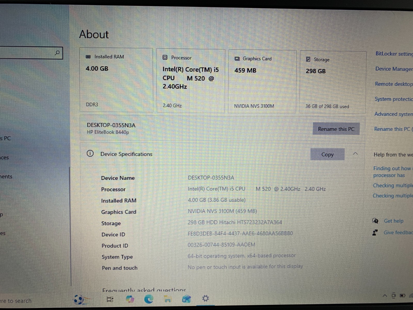 HP Elitebook 8440p Laptop Intel Core i5-M520 2.4GHz, 4GB RAM, 320GB HDD, W10H