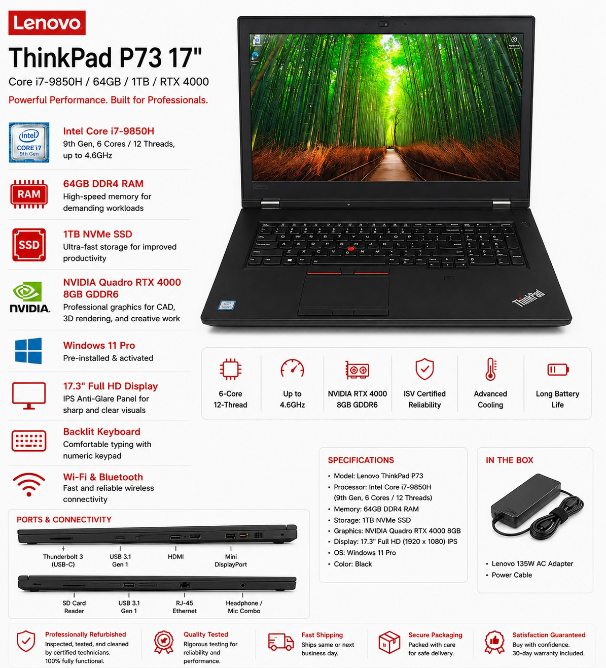 Lenovo Thinkpad P73 i7-9850H 2.3GHz 64GB RAM 1TB NVMe Quadro RTX 4000 Win 11 Pro