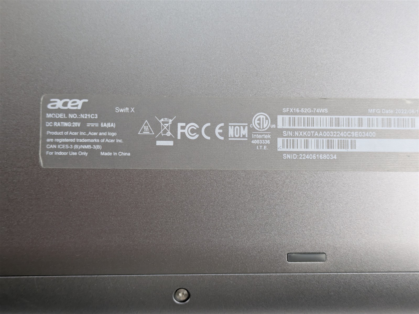 Acer Swift X SFX16-52G i7-1260P 16GB RAM 1TB SSD 16″ WUXGA Intel Arc A370M W11H