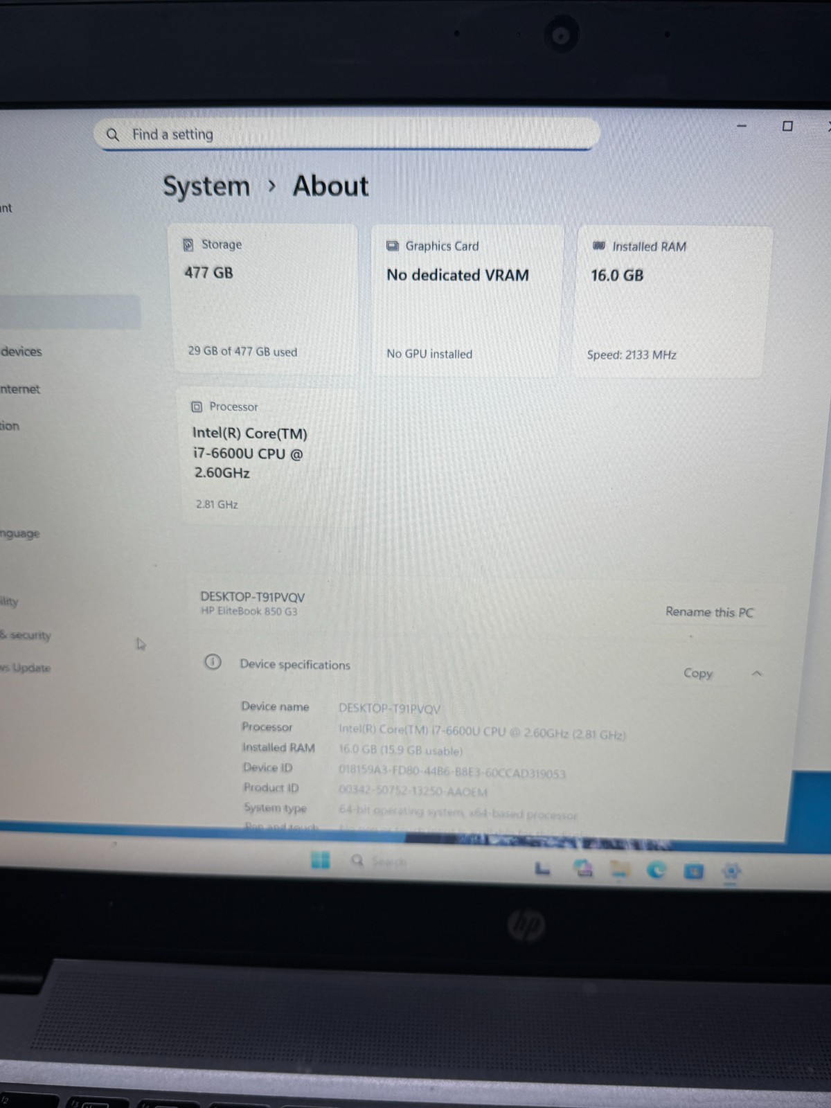 HP EliteBook 850 G3 Core i7-6600U 500GB SSD Laptop For Parts/Repair #3304