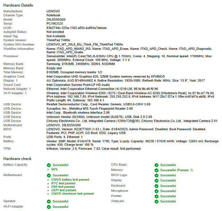 Lenovo ThinkPad T480s, i5-8350U CPU, @ 1.70GHz, 8GB RAM-No HDD/OS/Charger