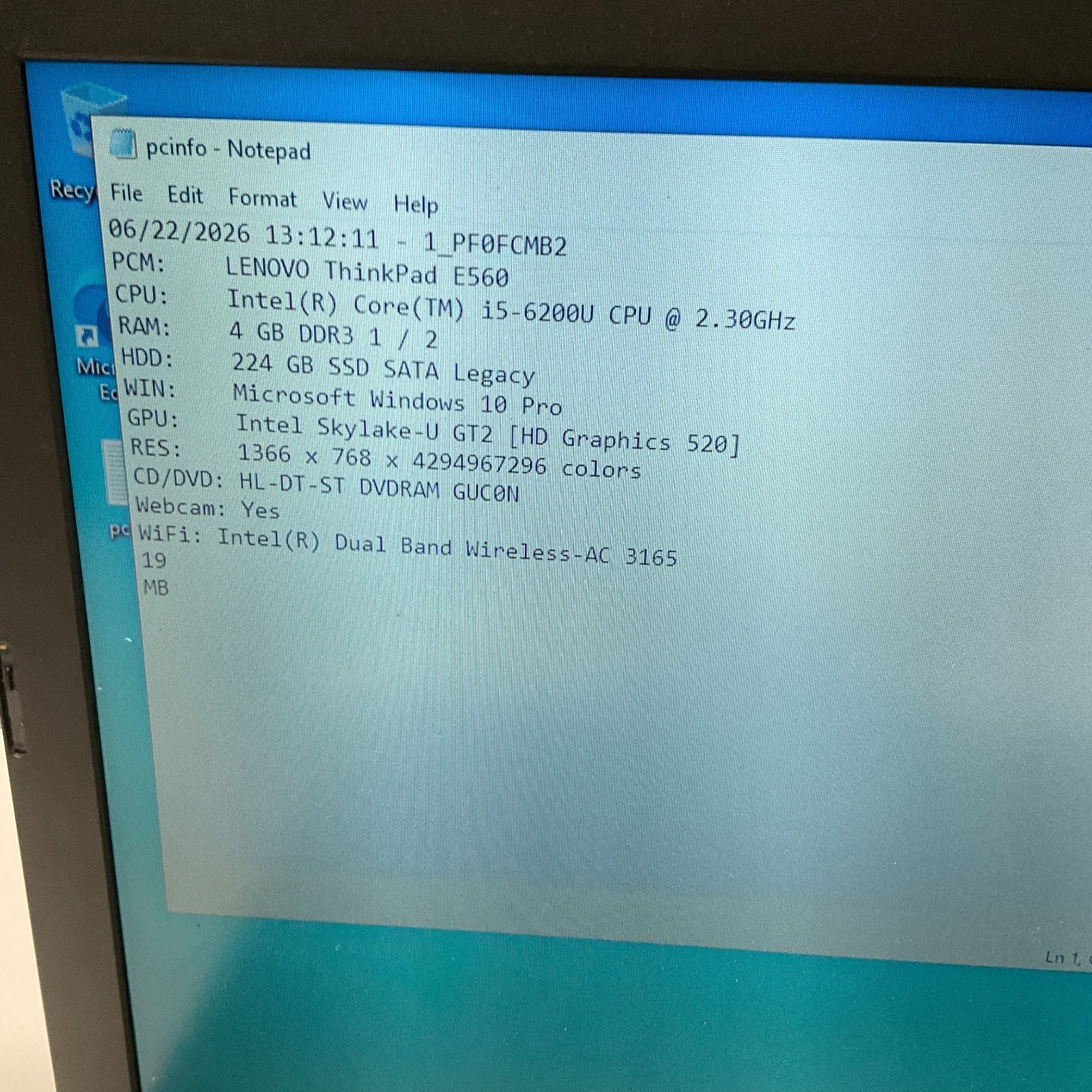 Lenovo ThinkPad E560 Intel Core i5-6200U 2.3GHz 4GB 250GB SSD Windows 10 READ