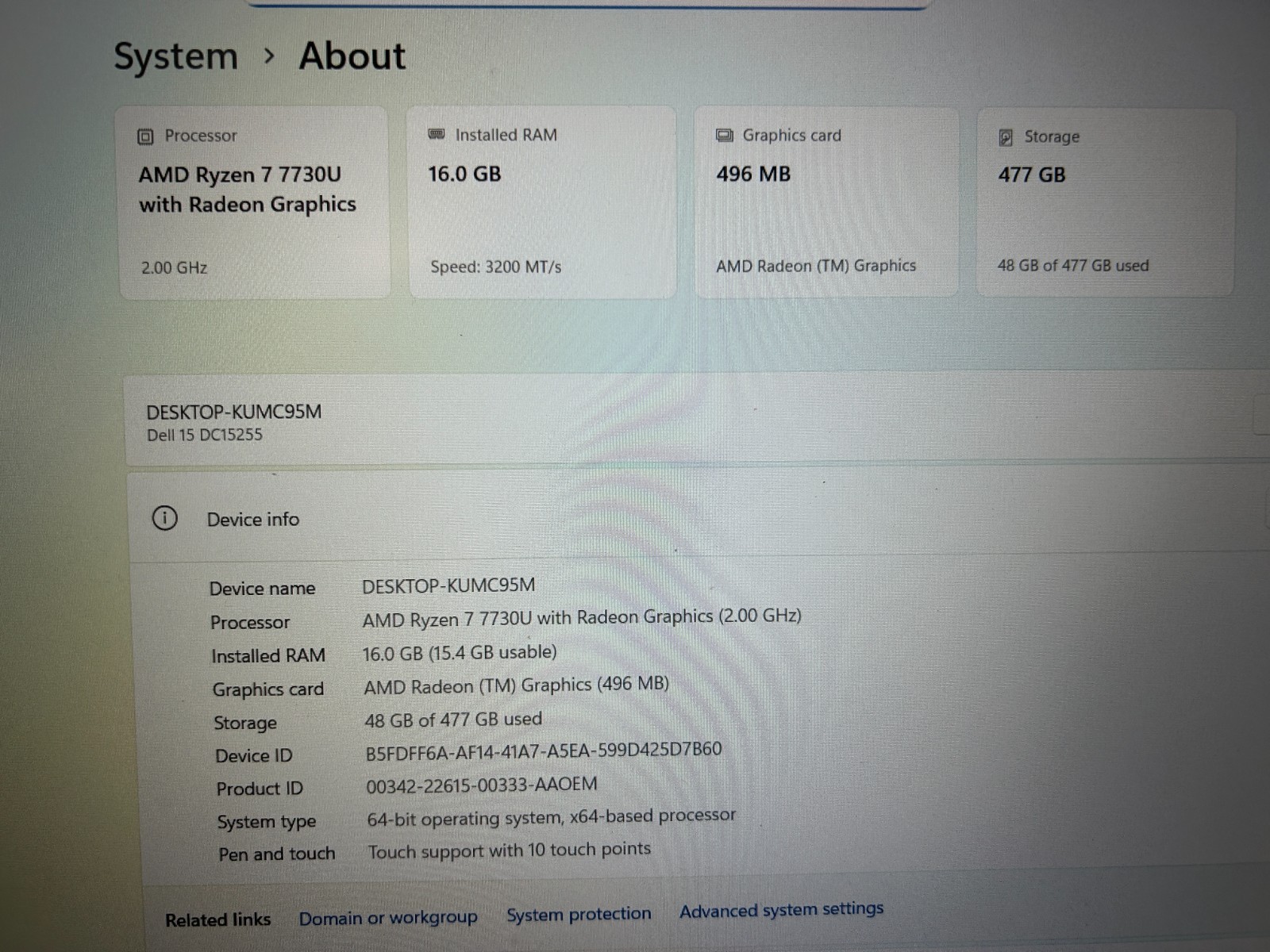 DELL 15 DC15255 G8MK9, AMD Ryzen 7 7730U, 2.00 GHz, 16 GB RAM, 512 GB NVMe