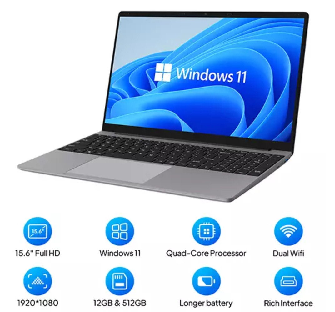 15.6” Laptop 12GB RAM 512GB SSD Windows 11 Laptop Computer Intel Jasper Lake N