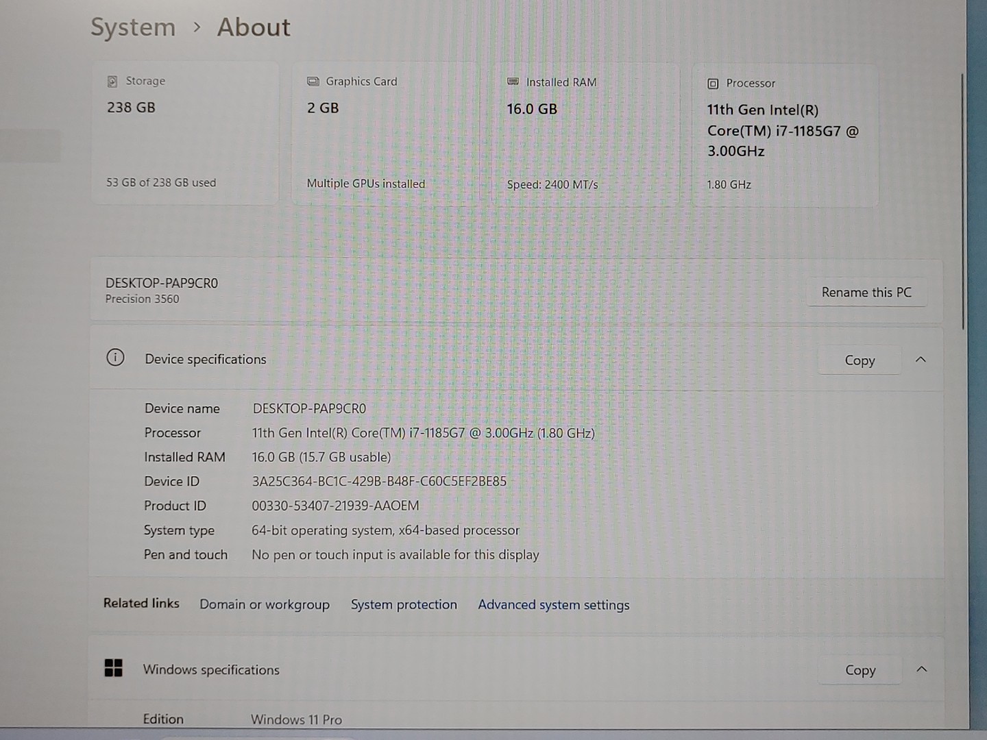 Dell Precision 3560 15.6″ i7-1185G7 16GB 256GB NVIDIA T500 Win11P *NO A/C* *READ