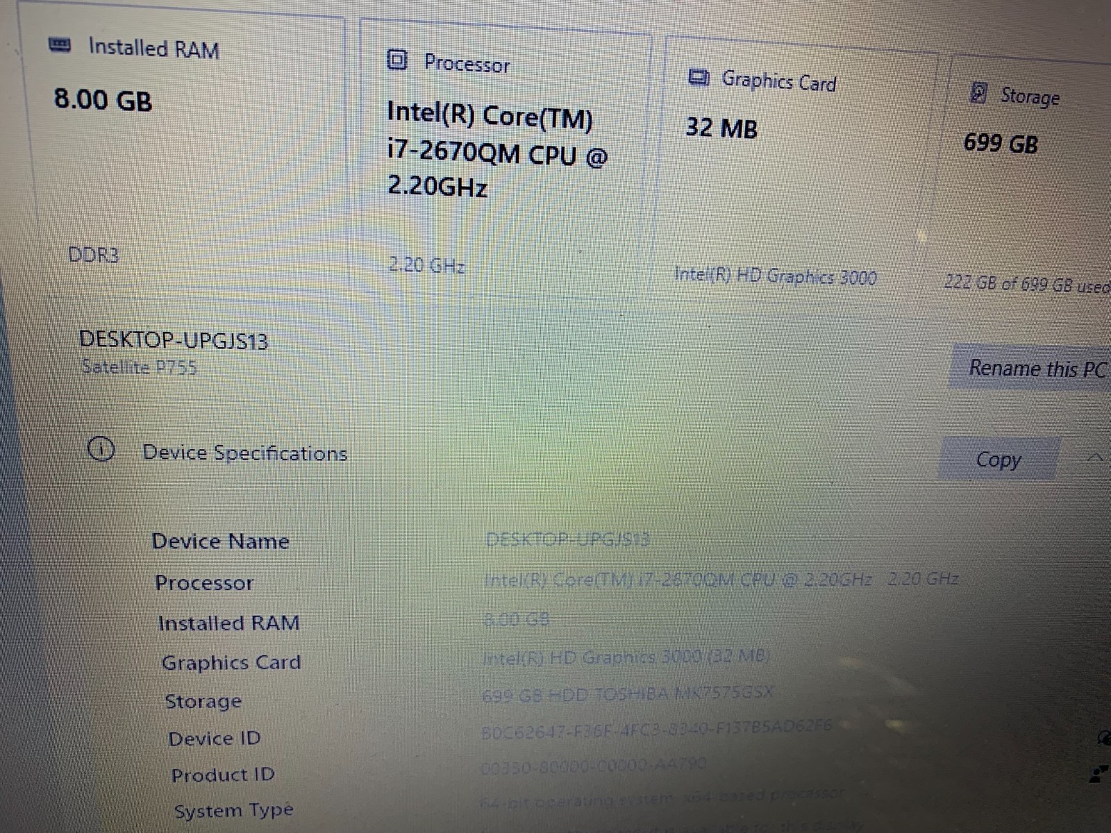 LAPTOP INTEL icore 7 cpu 2.20GHz 32mb Graphic card storage 699GB 64 SYSTEM