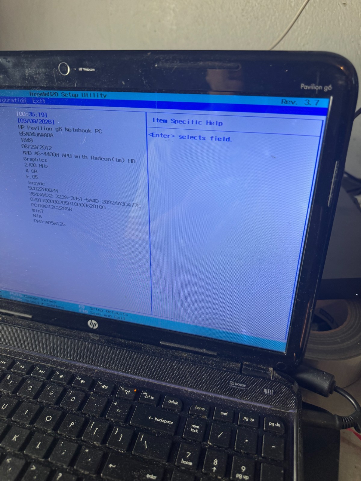 HP Pavilion g6 AMD A6 4400M, 4GB RAM, 15.6″ Laptop for Parts/Repair #4871