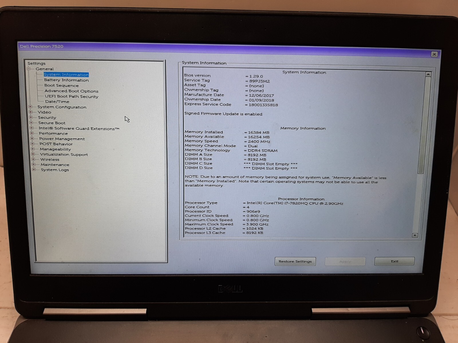 Dell Precision 7520 15.6″ i7-7820HQ 16GB RAM 256GB SSD NO OS/BATTERY M2200 #97