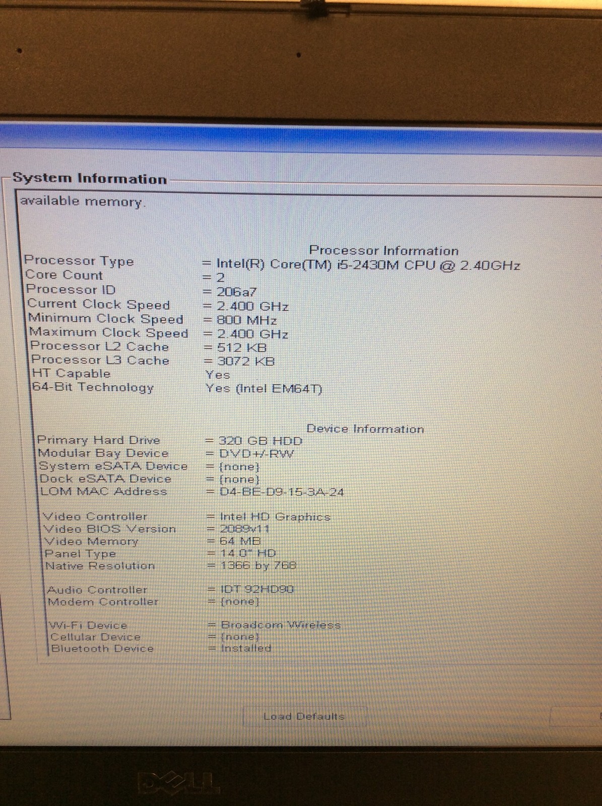 Dell Latitude E6420 14″ Laptop i5-2430M 2.40Ghz w/ 320Gb HD, 4Gb Ram, Dvd-Rw