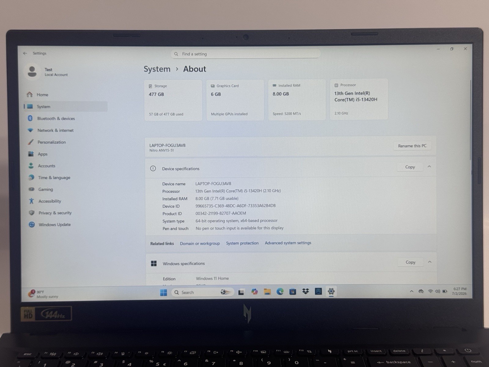 Acer Nitro V 15 165Hz FHD i5-13420H 8GB 512GB SSD RTX 4050 READ