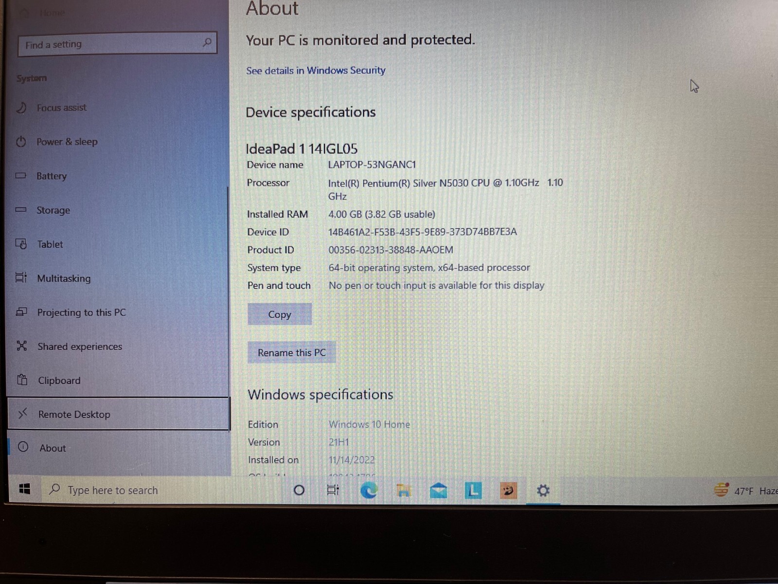 IdeaPad 1 (14″) – Ice Blue Intel Pentium N5030 4GB Ram 128SSD