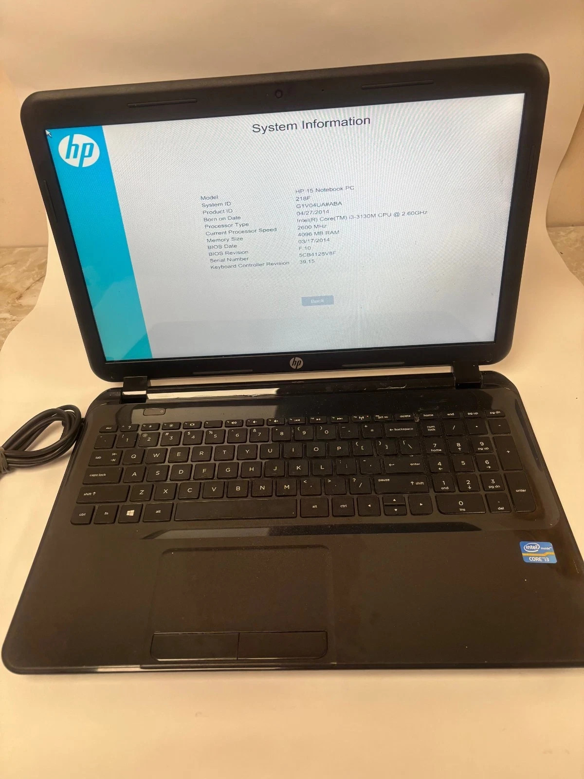 HP 15 NOTEBOOK PC I3-3130M 2.60 GHz 4Gb NO HDD NO CHARGER