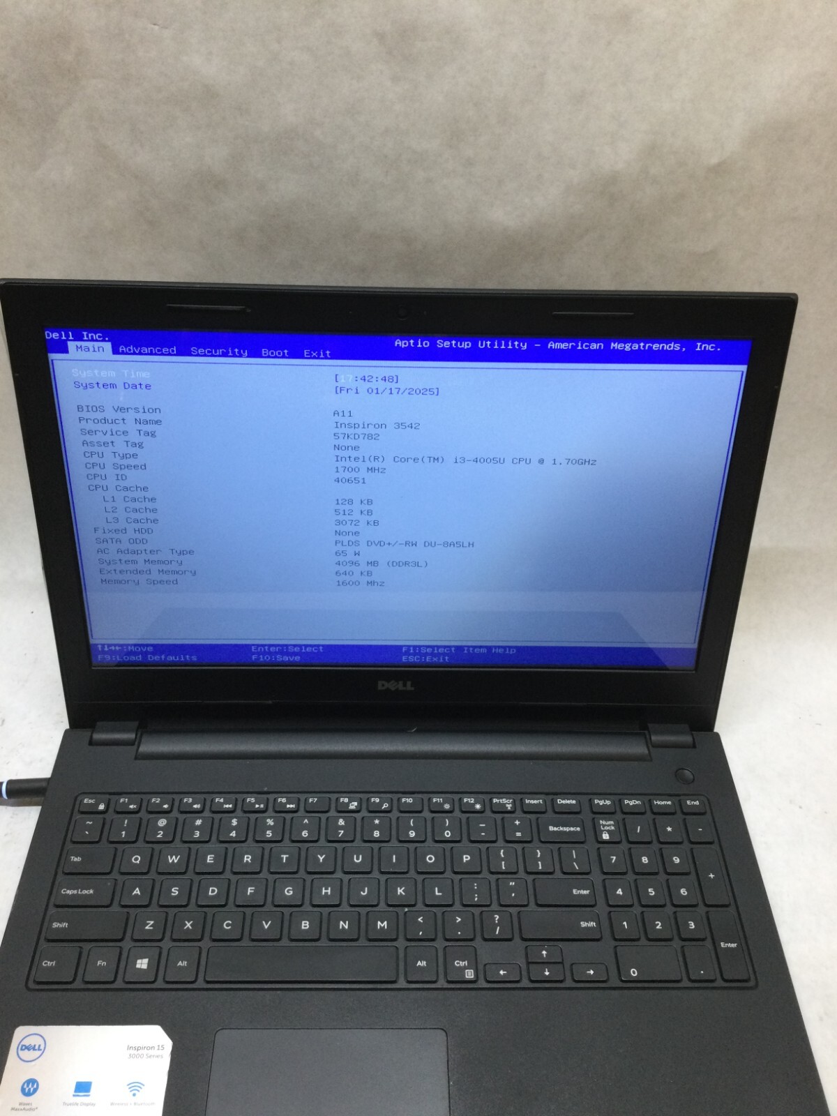 Inspiron 15 3542 Laptop i3-4005U 1.7GHz 4GB RAM NO HDD NO OS Boots to BIOS – -DW