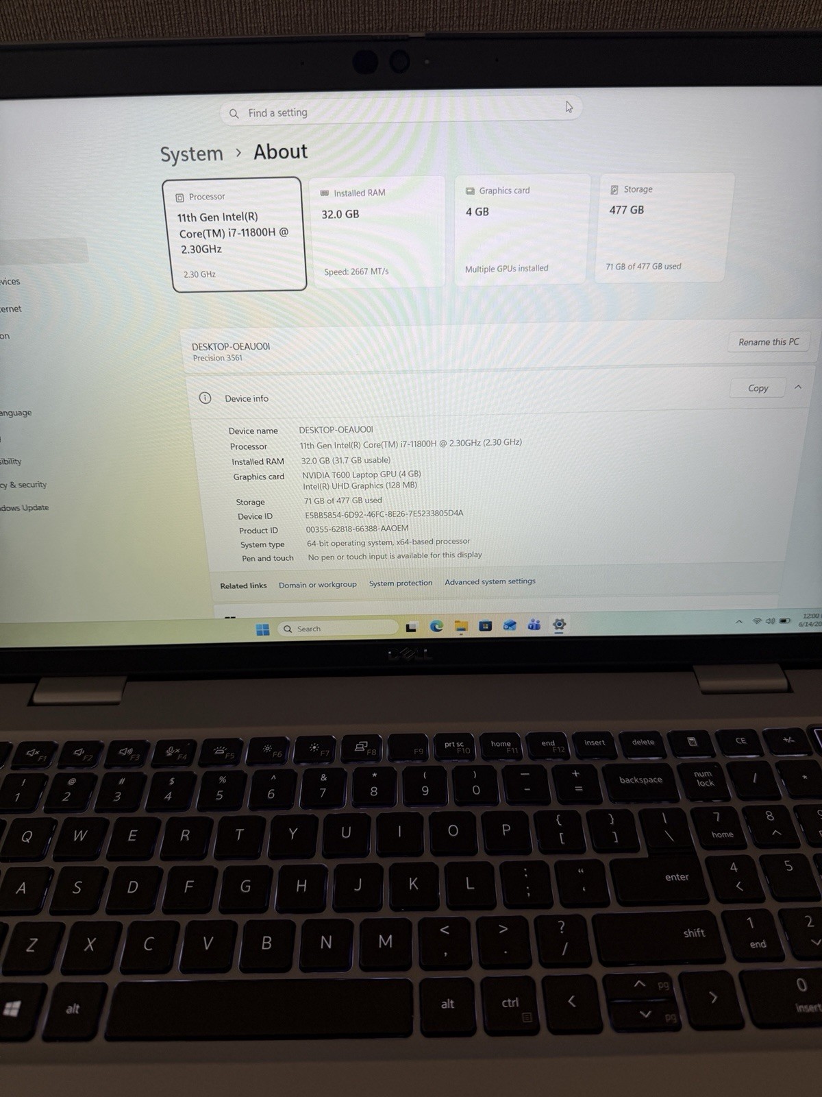 DELL PRECISION 3561 CORE i7 11TH GEN 32GB RAM 512GB SSD 4GB GPU