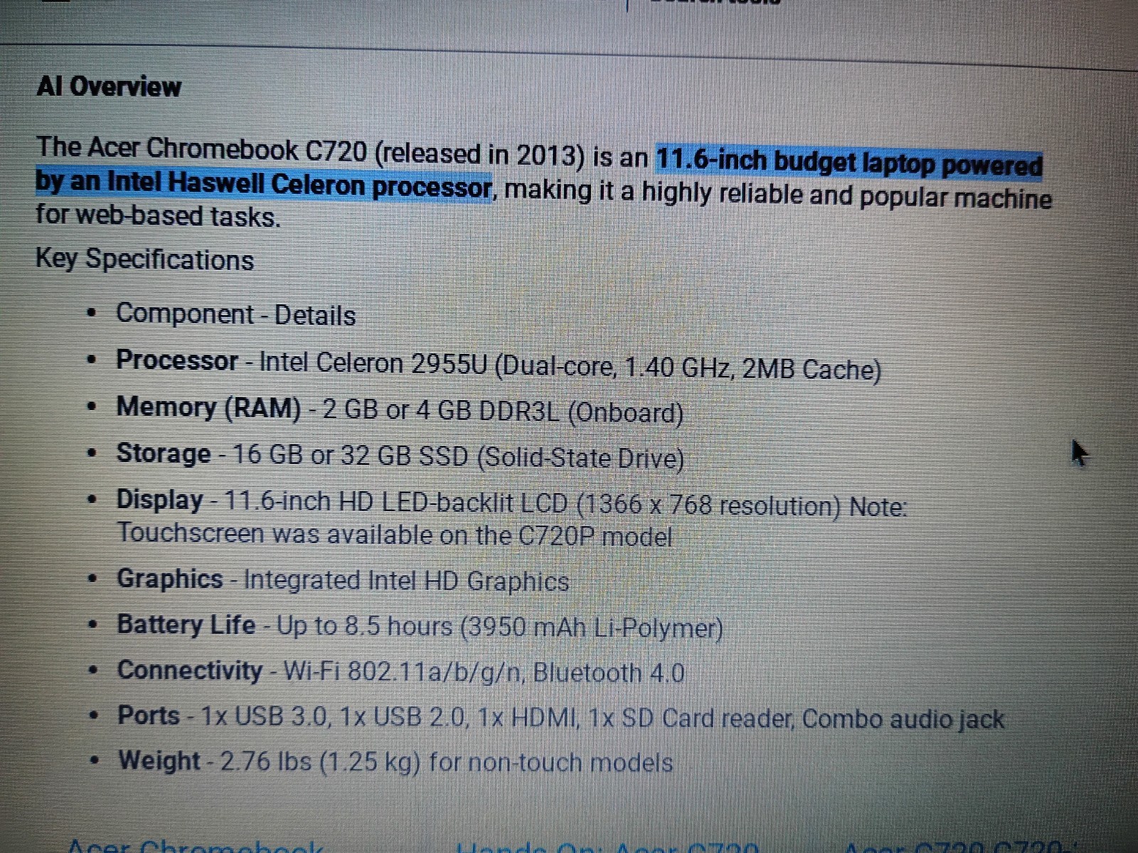 Acer Chromebook C720 Model HN With AC power supply Good Condition
