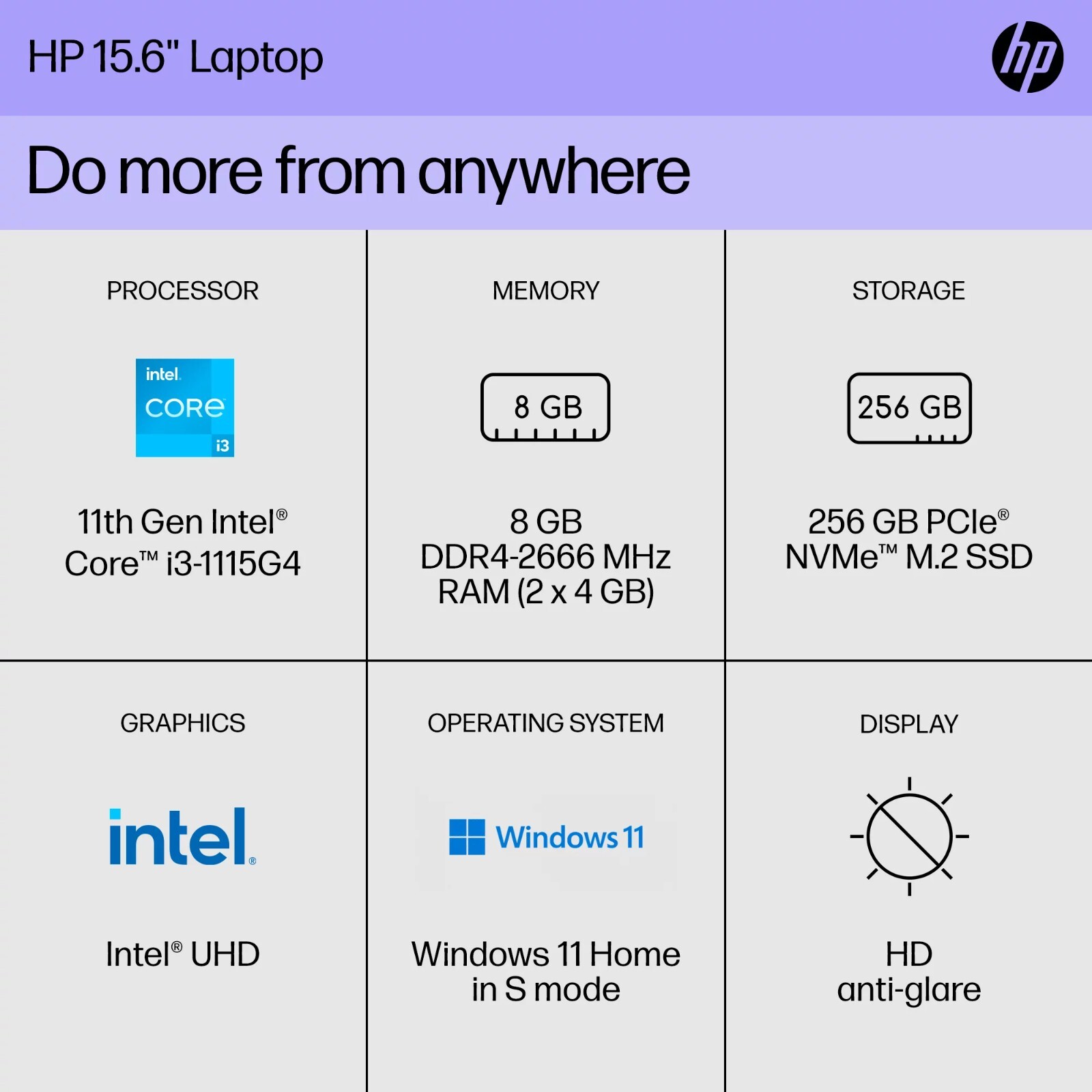 HP 15.6″ Laptop, Intel Core i3-1115G4, 8GB RAM, 256GB SSD, Spruce Blue, Windows