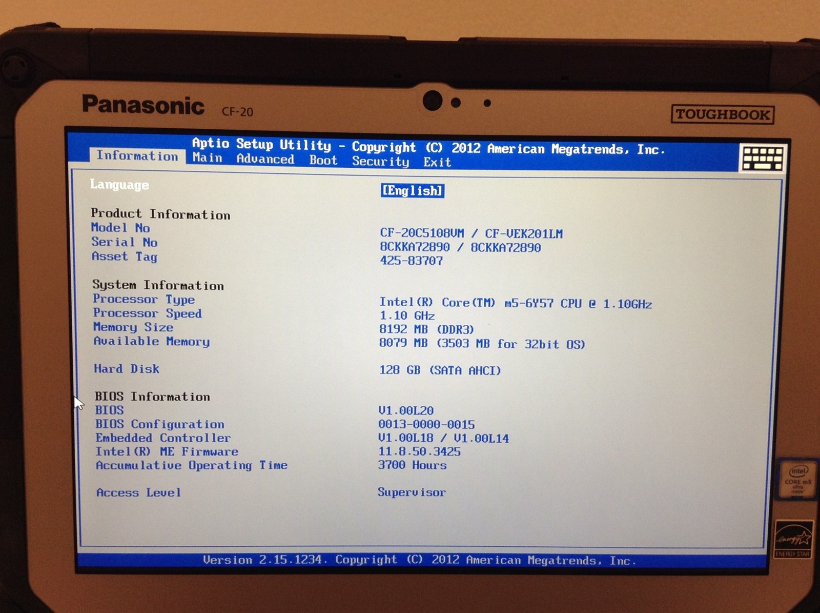 Panasonic Toughbook CF-20 MK1 Touch Laptop m5-6Y57 1.10GHz w/ 8GB, 128GB SSD