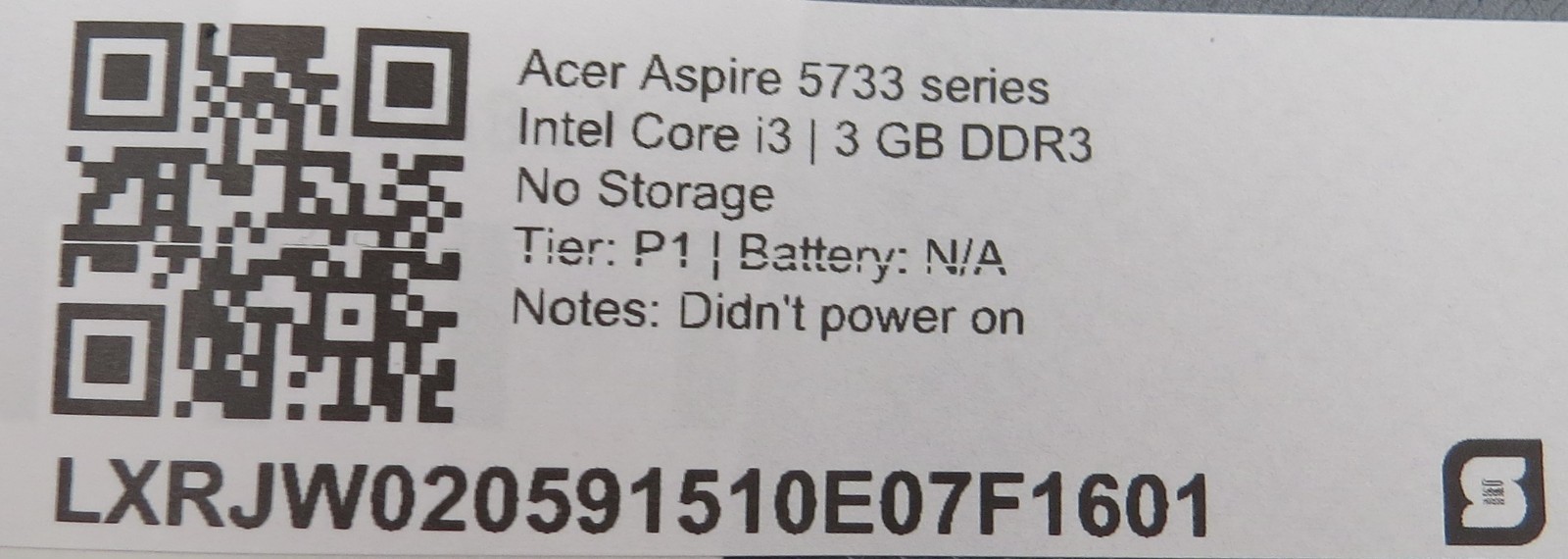 Acer Aspire 5733 | Intel Core i3 | 3GB DDR3 | No HDD/OS/AC PARTS