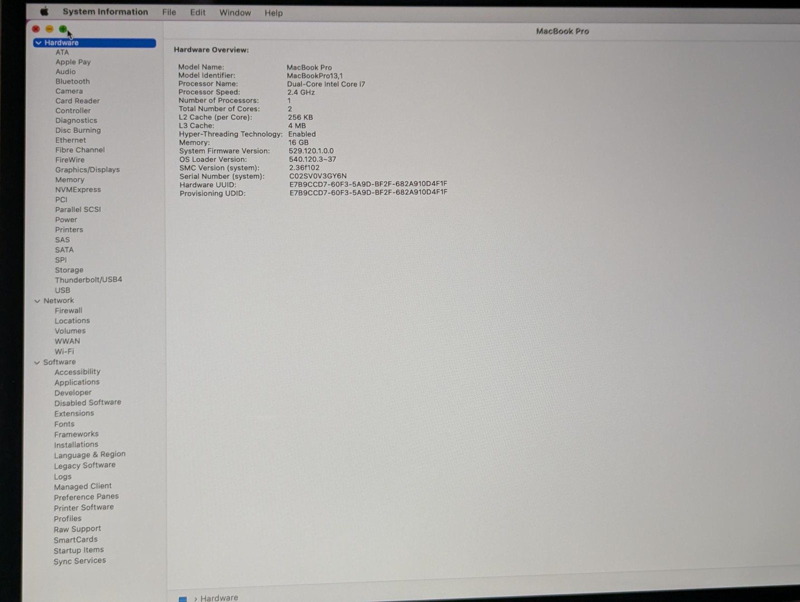 APPLE MACBOOK PRO A1708 2016 13″ i7 2.4GHz 16GB 256GB – Grade D