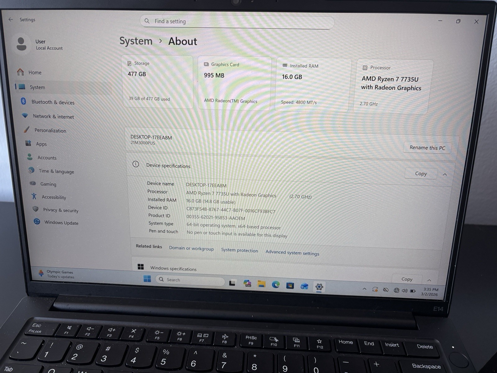 Lot Of 3 Lenovo ThinkPad E14 14″/ AMD Ryzen 7- 7735U/ 16 GB RAM /512 GB