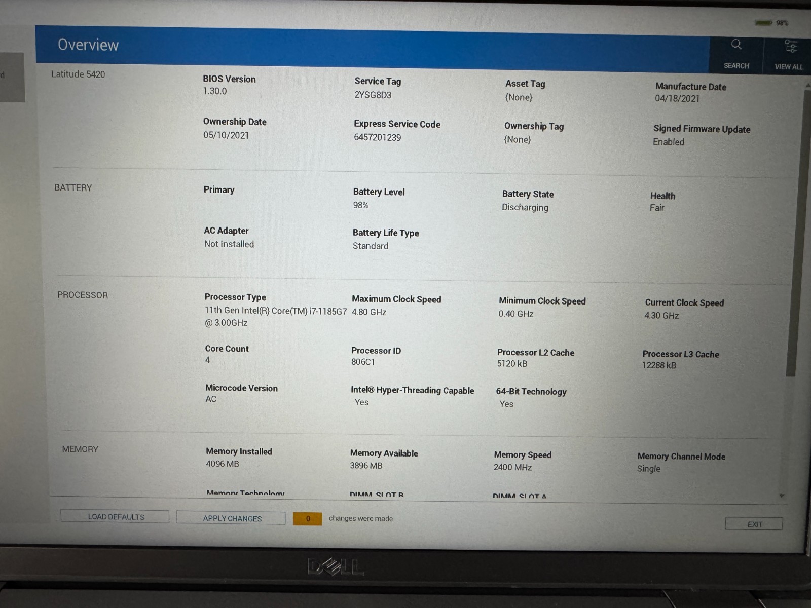 Dell Latitude 5420 Laptop i7-1185G7 @ 3.00GHZ 4GB RAM NO SSD | NO OS