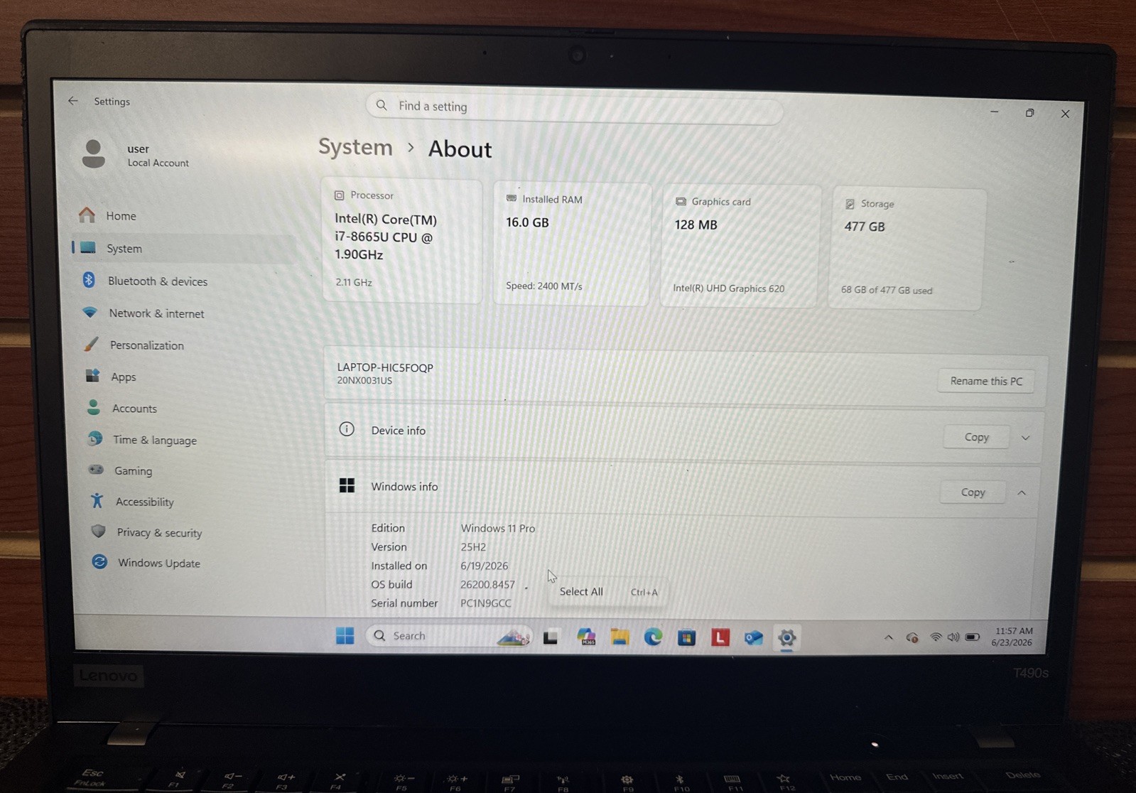 Lenovo ThinkPad T490s i7-8665U 1.9GHz 16GB 512GB NVMe 14″ W11P Laptop