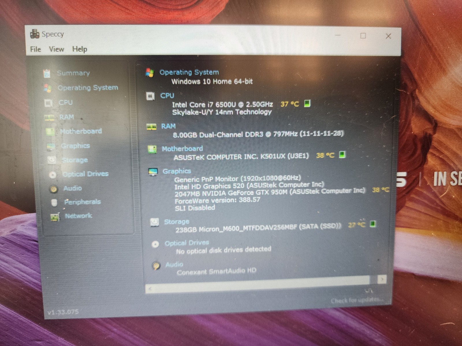 Asus K501UX 15.6” FHD Laptop i7-6500U, 8GB RAM, 256GB SSD READ