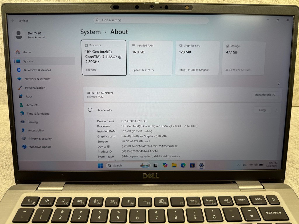 Dell Latitude 7420 14″4K UHD i7 1165G7 @ 2.80GHz 16GB 512GB NVMe Windows 11 Home