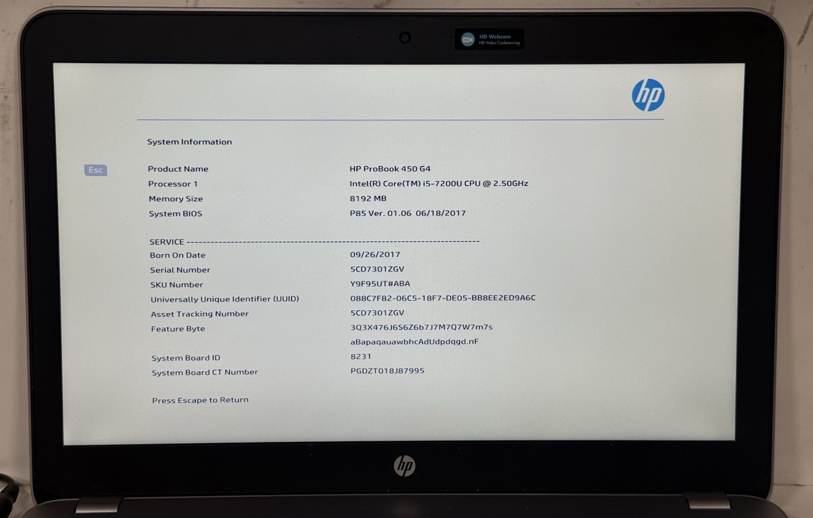 HP ProBook 450 G4 15.6″ i5-7200U 2.50 GHz 8GB RAM (NO SSD/AC) #0044