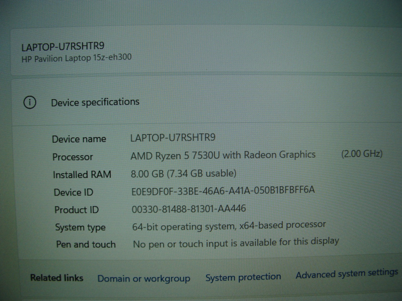 HP Pavilion 15-eh3000 15.6″FHD AMD Ryzen 5 7530U 2Gh 8GB 256GB SSD +Charger