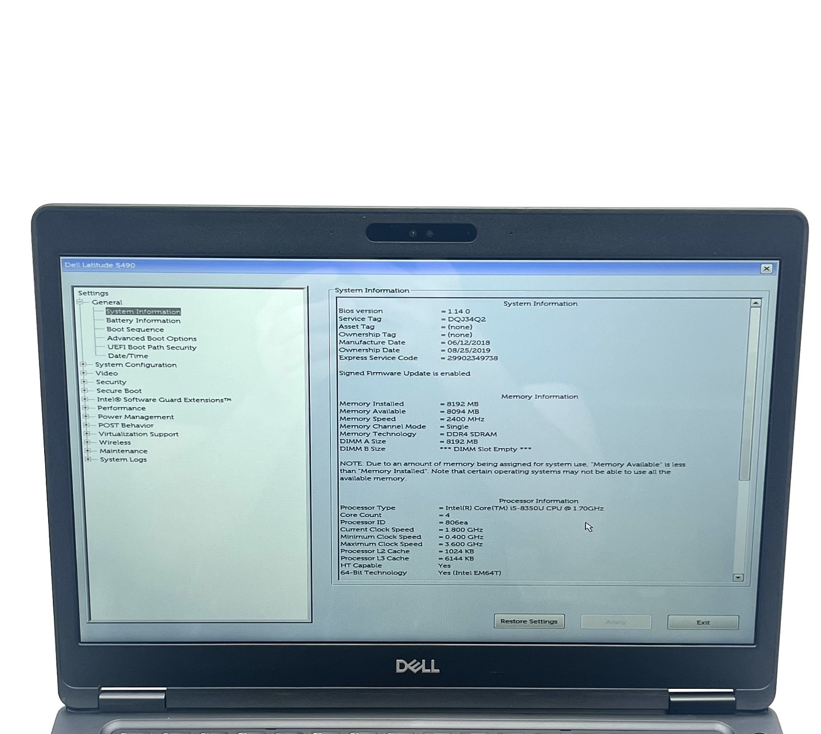 Dell Latitude 5490 Touch i5-8350U 8GB RAM 256GB SSD 14″ Business Laptop