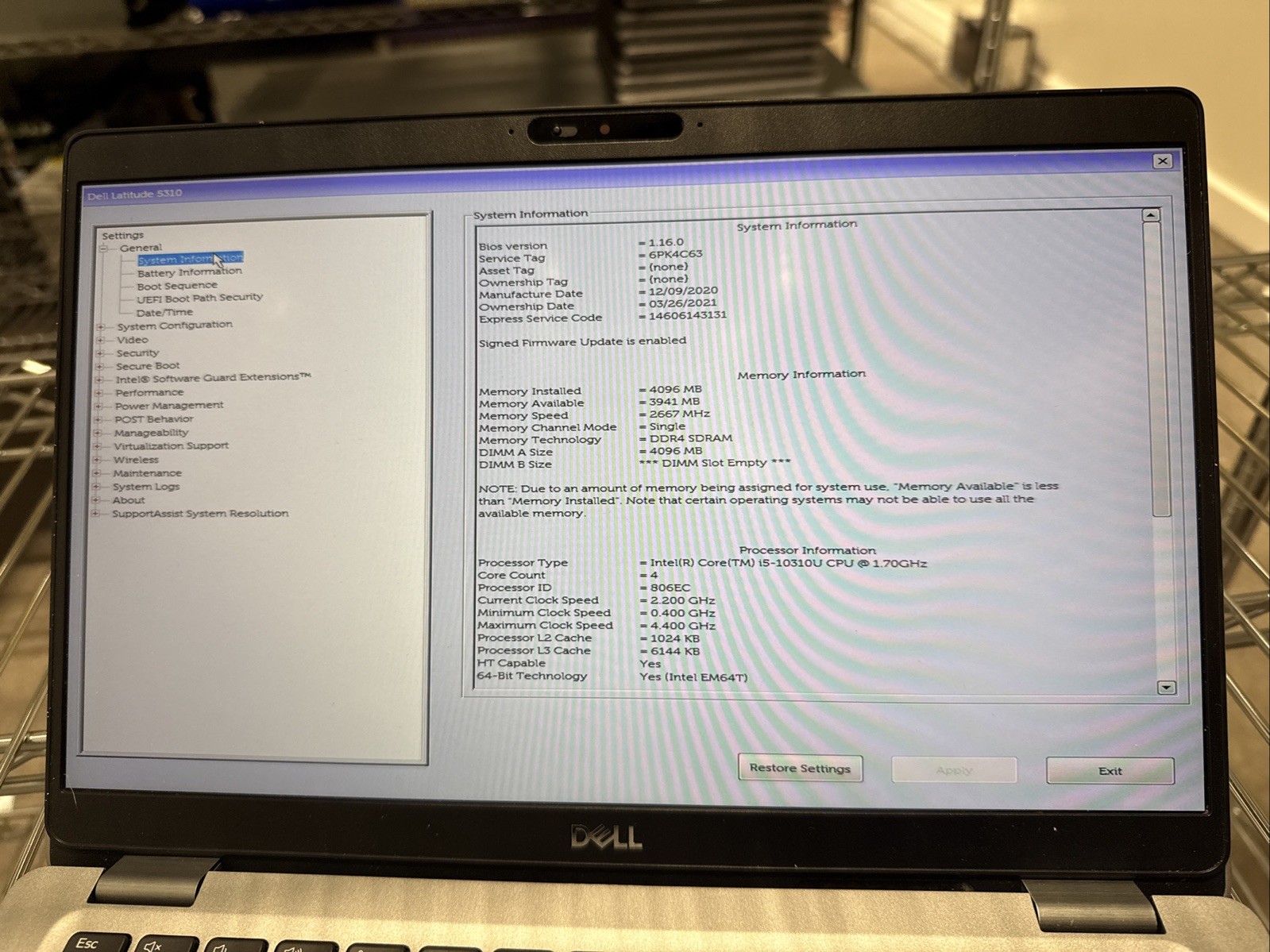 Dell Latitude 5310 Intel i5-10310U 1.7GHz 4GB RAM NO SSD NO HDD NO OS *READ*