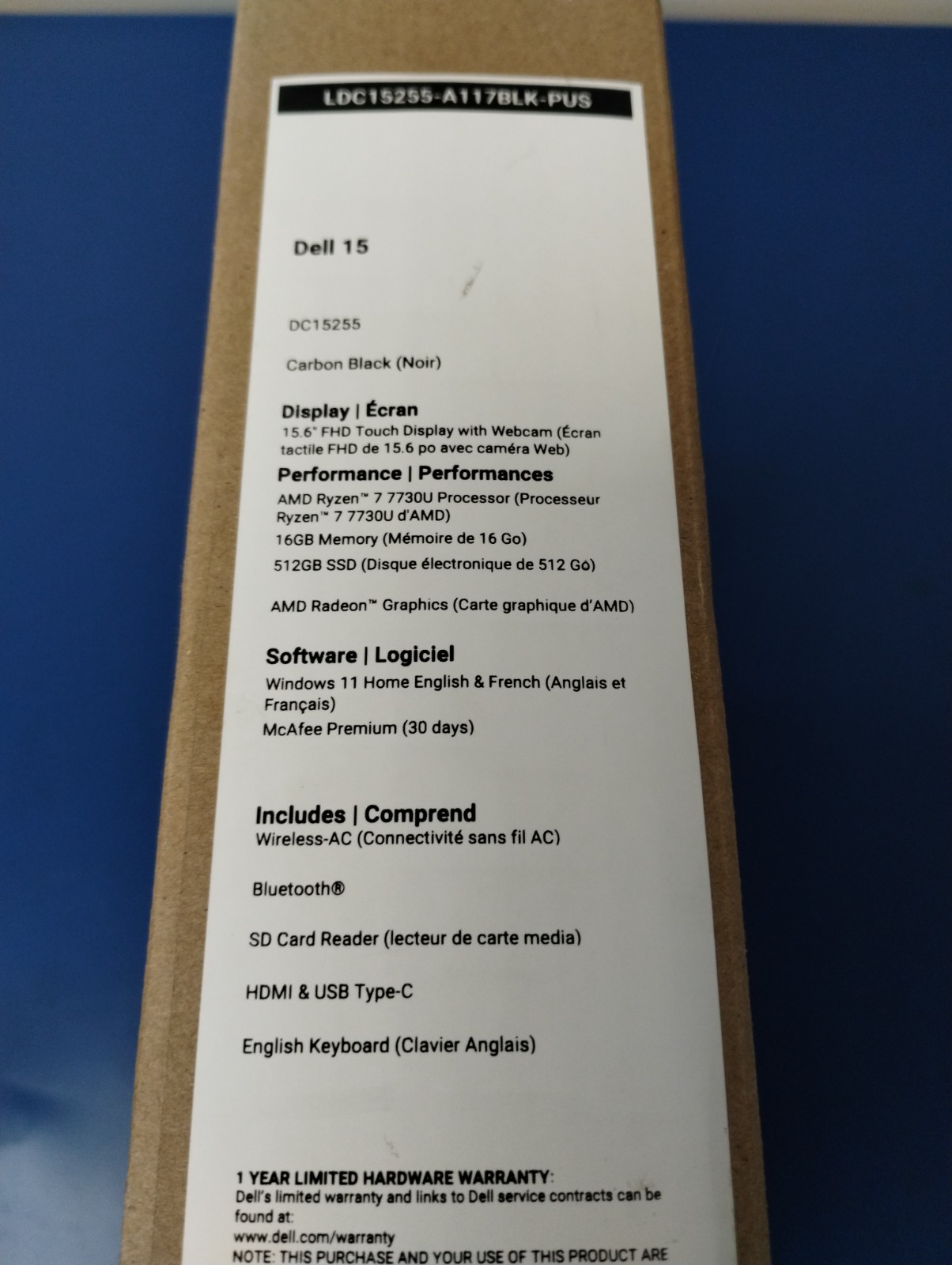 DELL 15 DC15255 G8MK9, AMD Ryzen 7 7730U, 2.00 GHz, 16 GB RAM, 512 GB NVMe