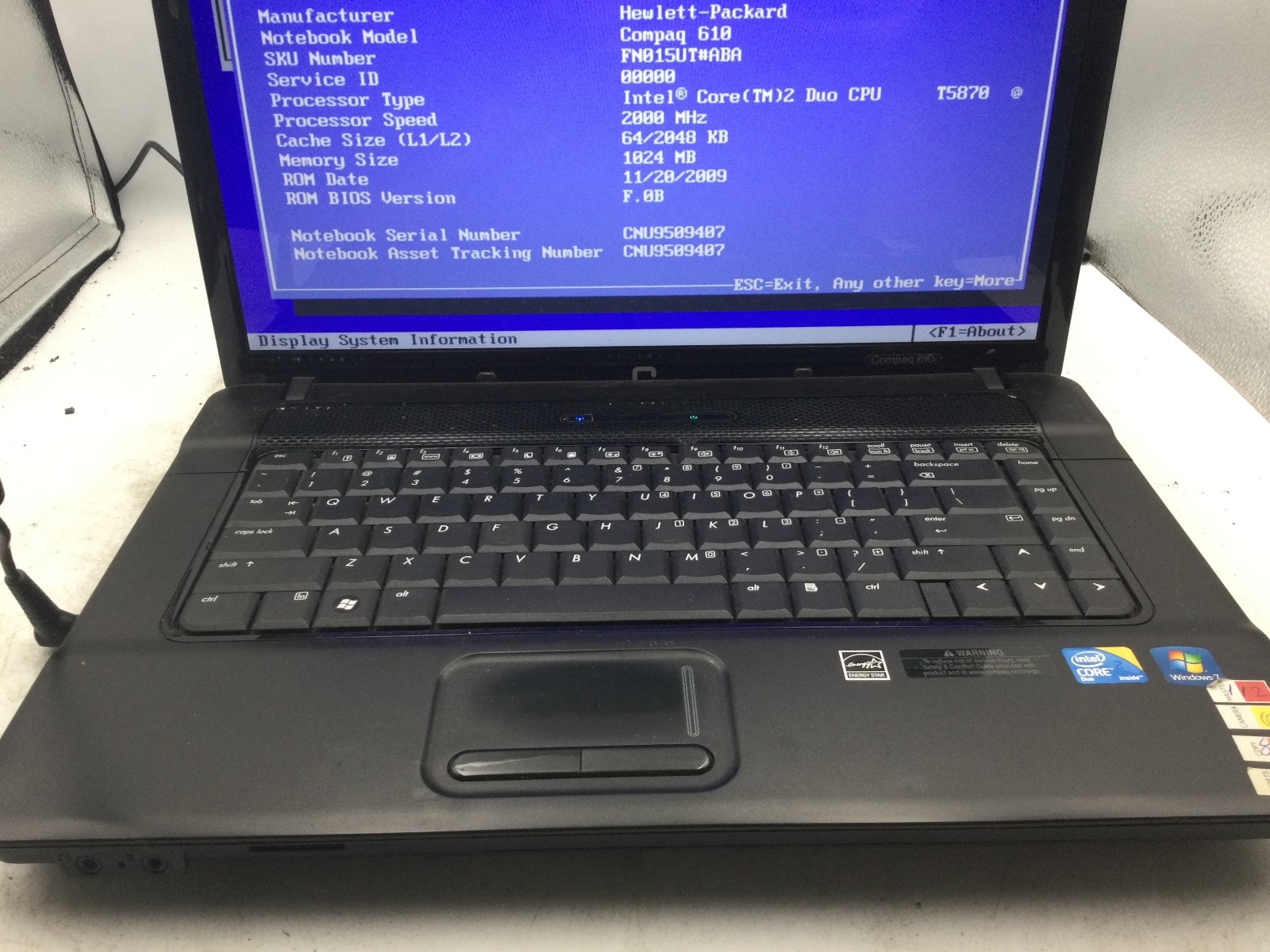 HP COMPAQ 610 – BOOTS TO BIOS – INTEL CORE 2 DUO – NO RAM – READ DESCRIPTION -BB