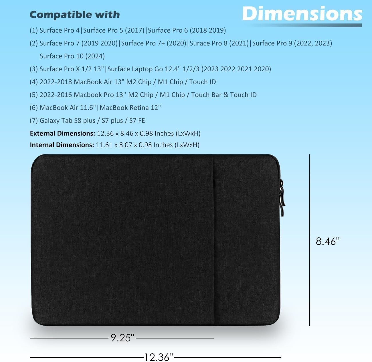 12-Inch Laptop Tablet Sleeve Case Cover for Surface Pro 4/5/6/7/7+/8/9 & MacBook