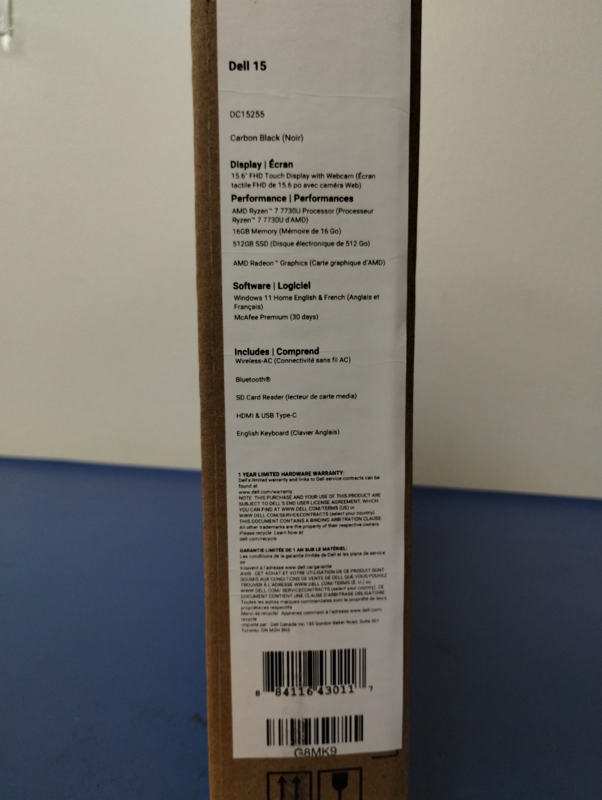 DELL 15 DC15255 G8MK9, AMD Ryzen 7 7730U, 2.00 GHz, 16 GB RAM, 512 GB NVMe SSD