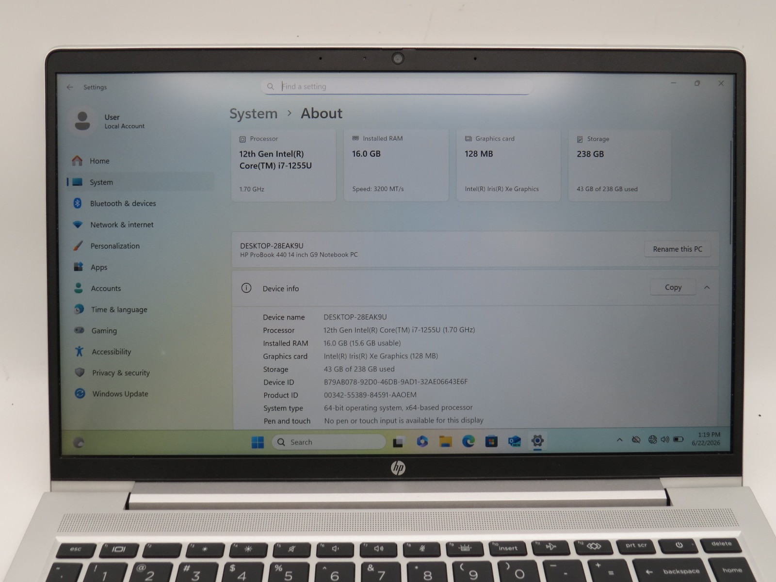 HP ProBook 440 G9 i7-1255U @ 1.7GHz 16GB DDR4 256GB SSD 14″ Win 11 Pro