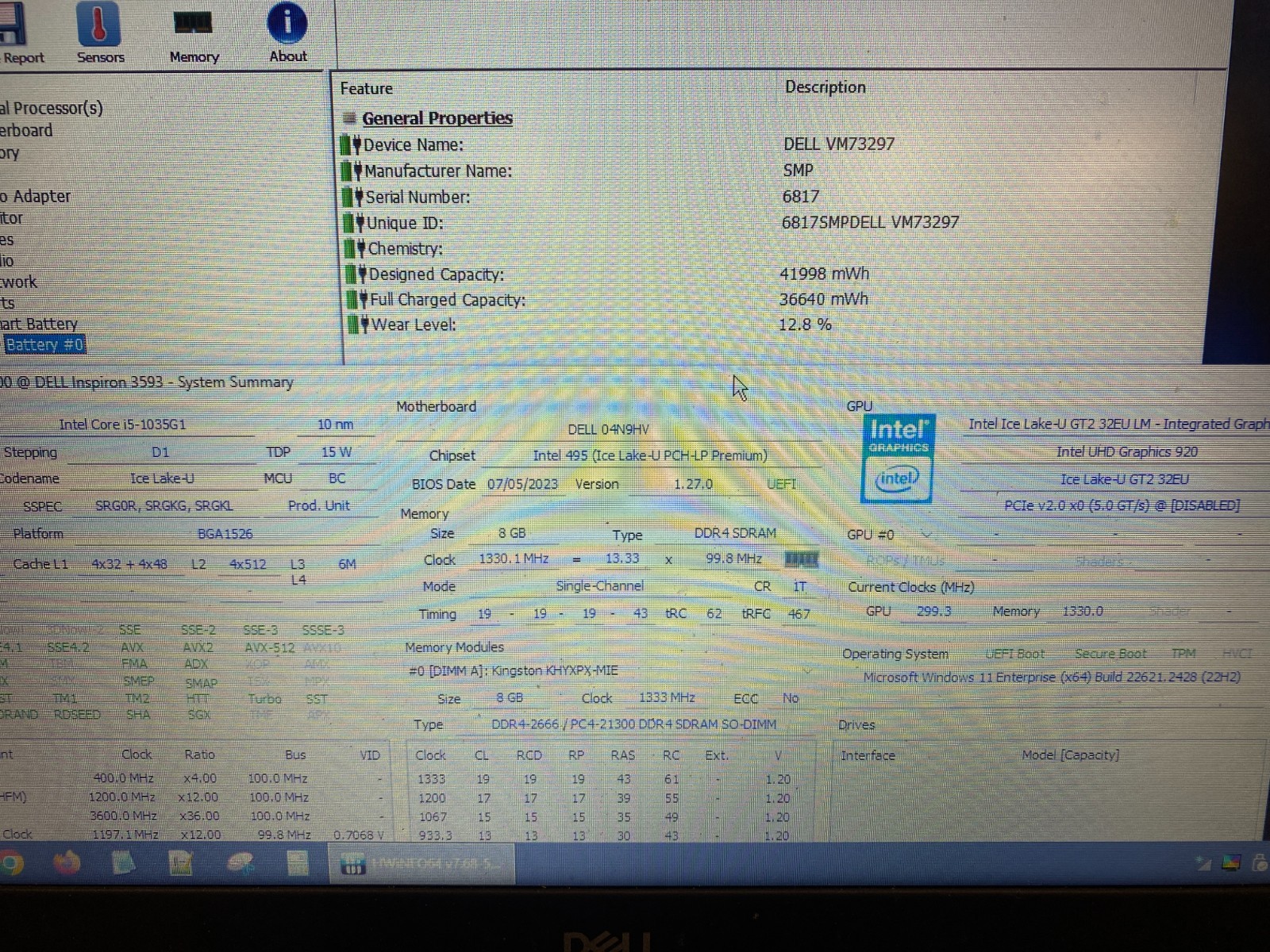 Dell Inspiron 3593 15.6″ Intel Core i5 1035G1 CPU 8GB RAM NO SSD/OS/CHARGER