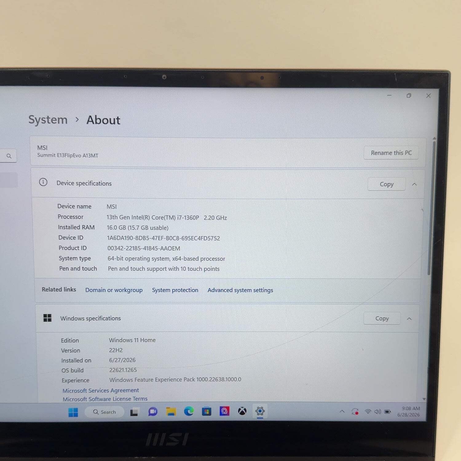 Broken MSI Summit E13 Flip Evo A13MT 13.4″ i7-1360P 16GB RAM 1TB SSD Cracked