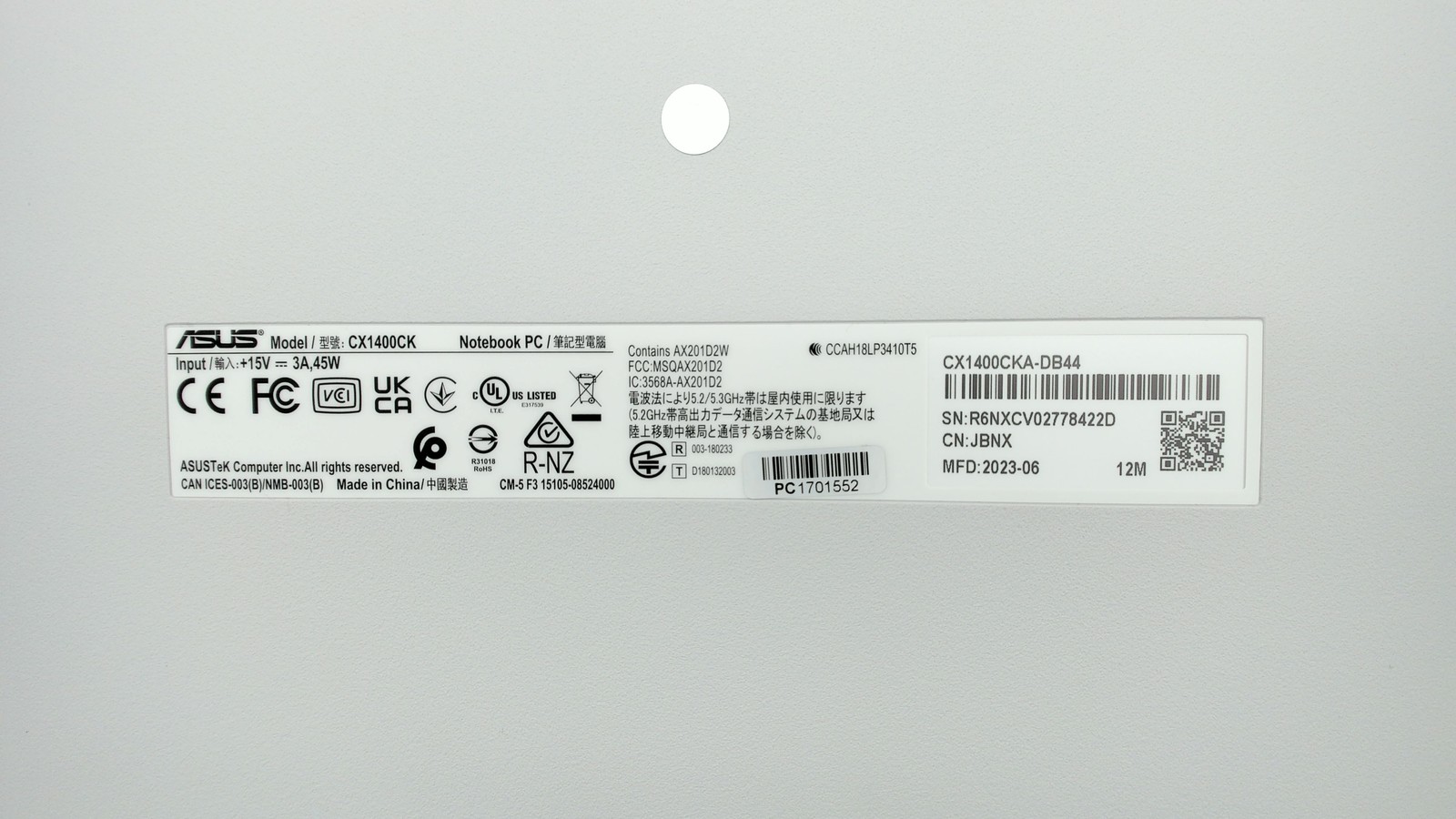 Asus Chromebook CX1 14″ Intel Celeron N4500 4GB 64GB CX1400CKA-DB44 PC1701552