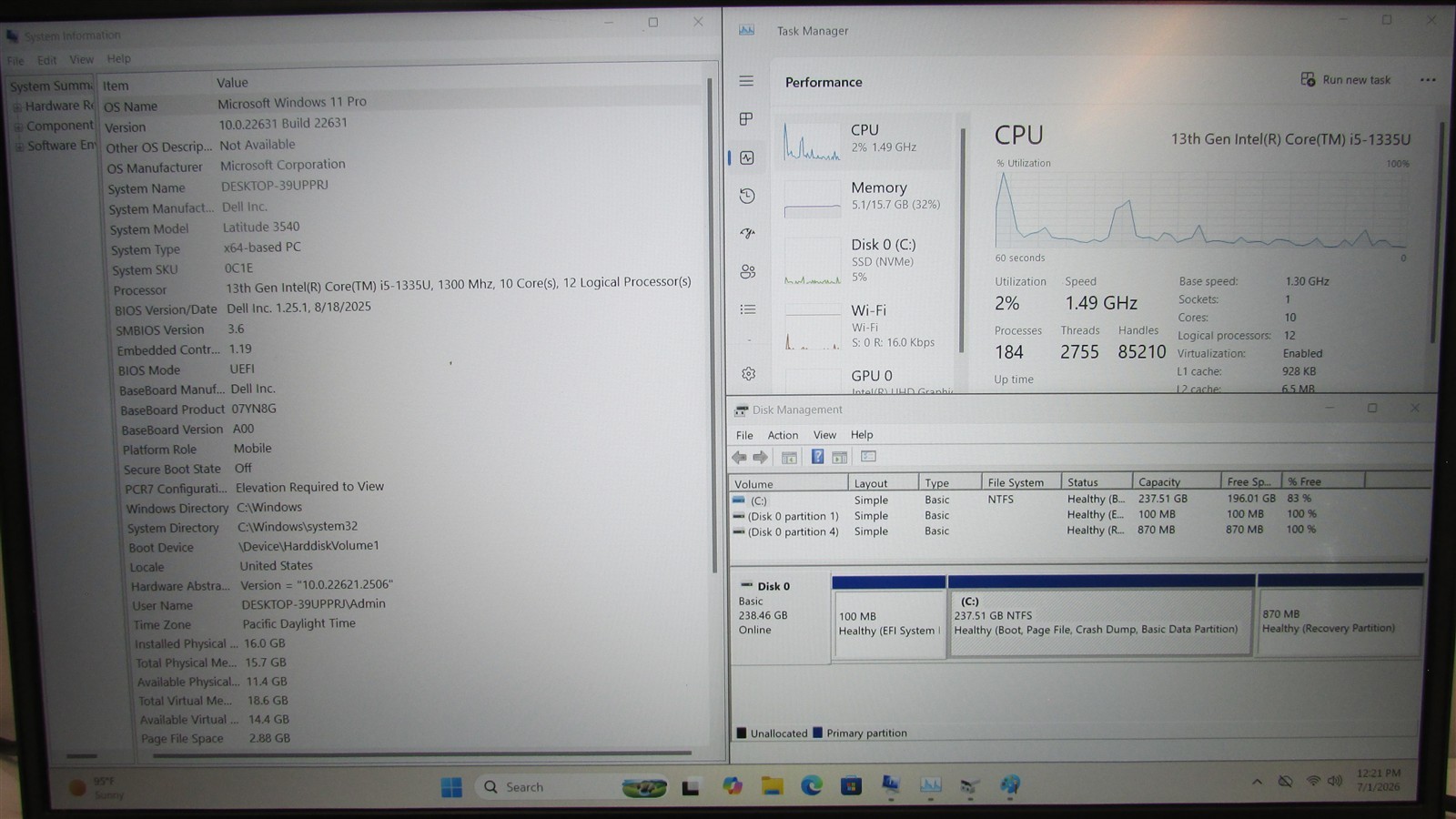 Dell Latitude 3540 i5-1335U 1.3GHz 16GB 256GB NVME 15.6″ W11P DMG/NO BAT/SPOTS