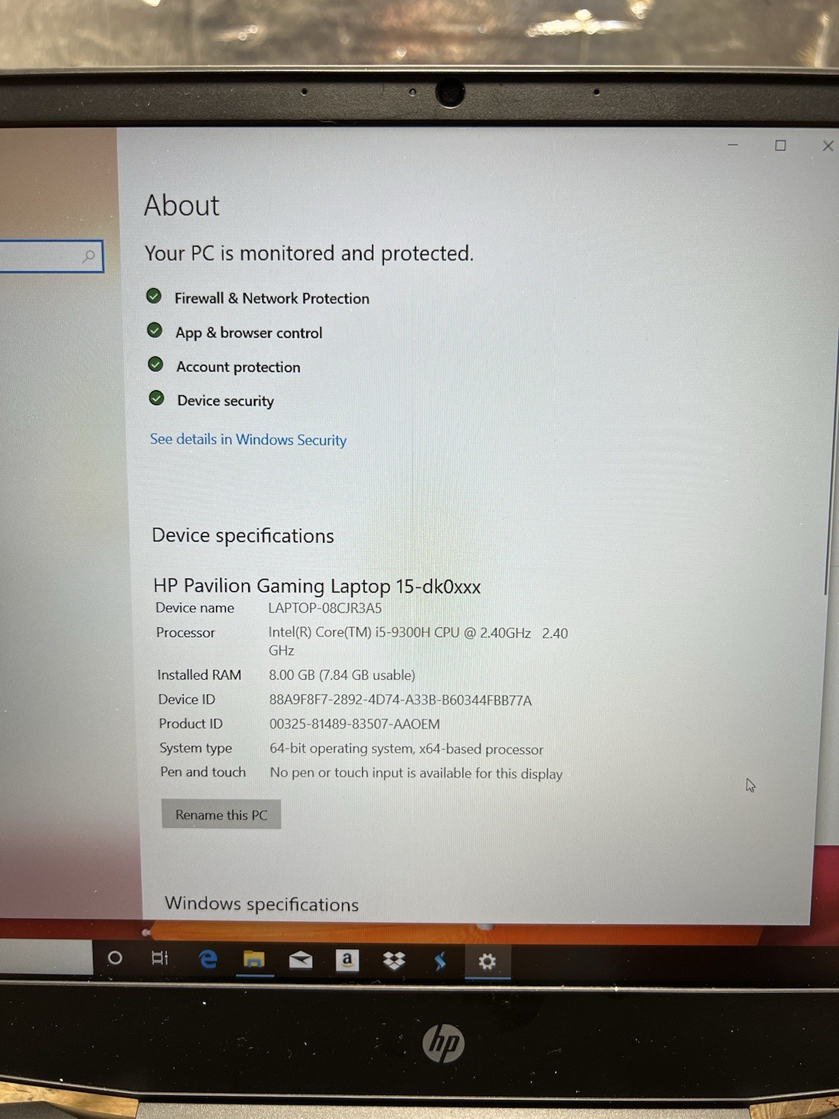 HP Pavilion 15.6” 256GB Intel Core i5 9th Gen 2.40GHz 8GB BATTERY NEEDS REPAIR