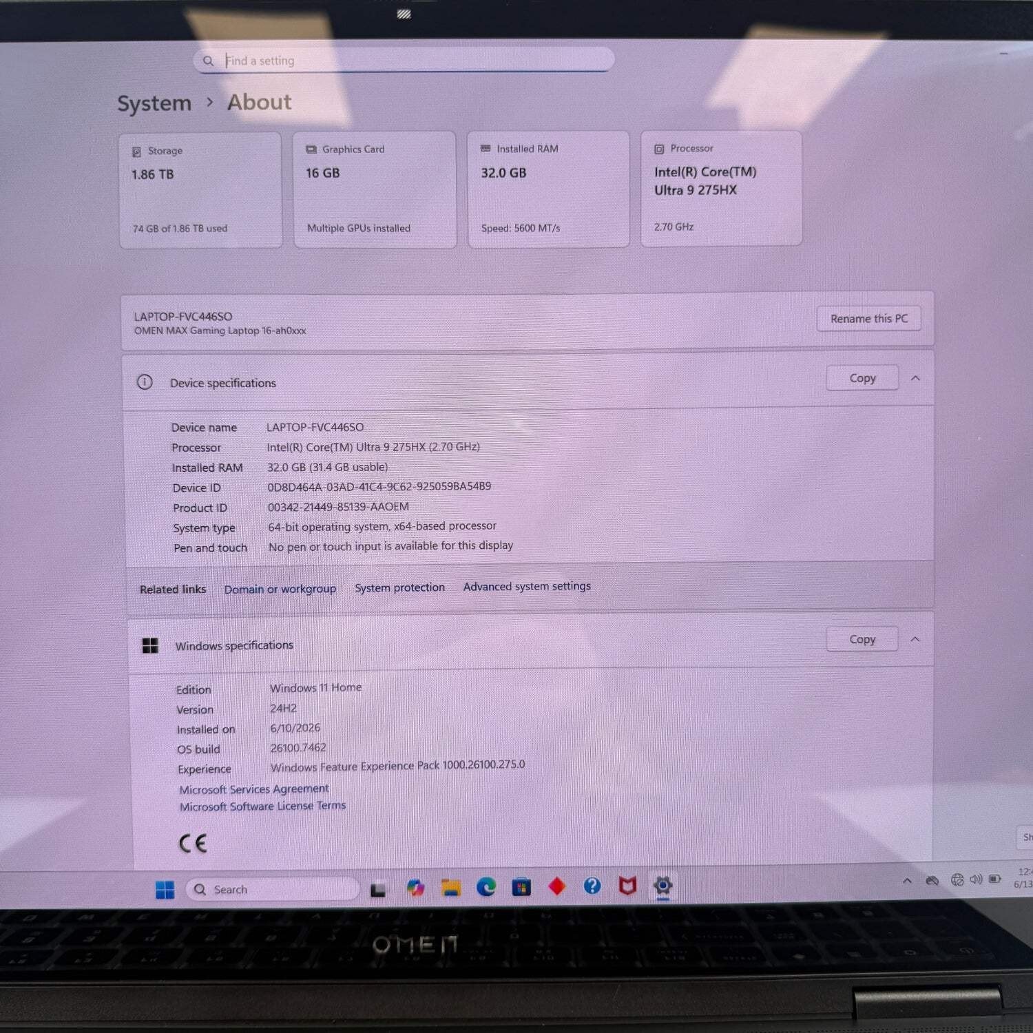 HP omen max 16 16-AH0043DX Core Ultra 9 275HX 2.7GHz 32GB RAM 2TB SSD RTX 5080