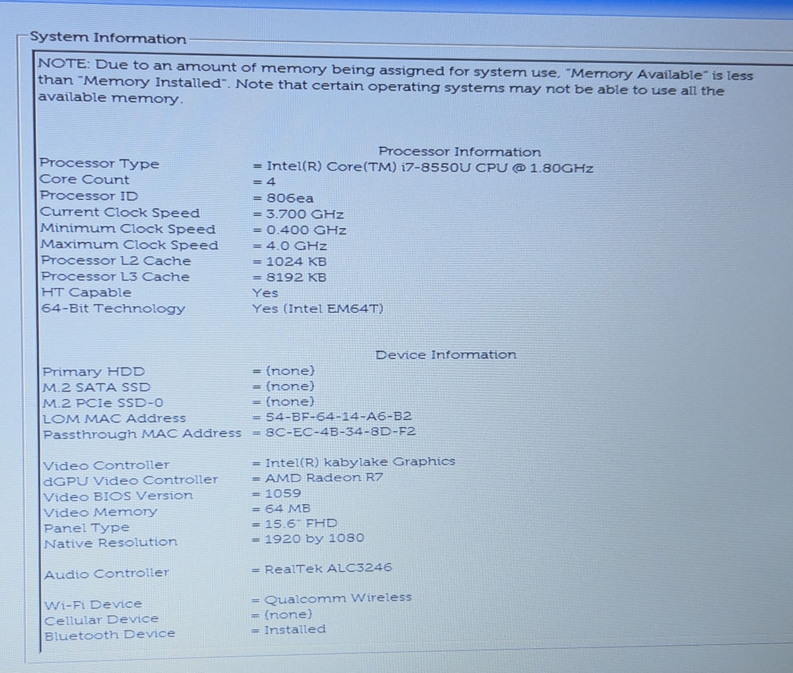 Incomplete Dell Latitude 3590 15.6″ Laptop i7-8550U 1.80GHz 8GB RAM Radeon R7