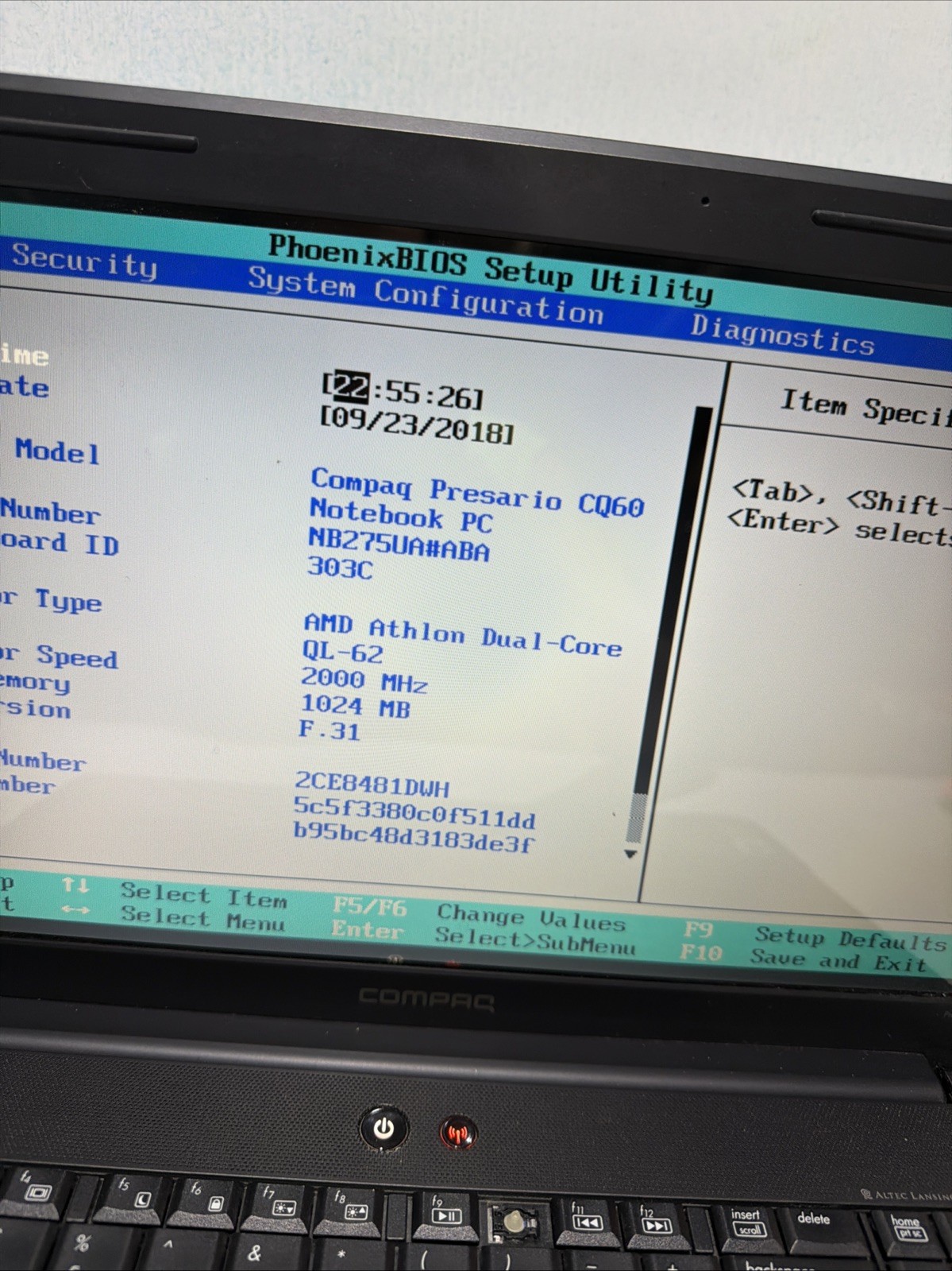 Compaq Presario CQ60 15″ Laptop AMD Athlon QL-62 1gb Ram No Drives Boots Bios