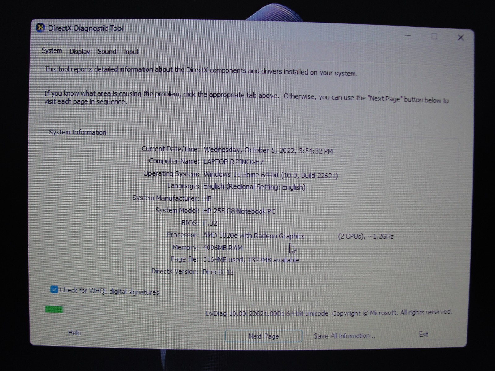 HP 255 G8 15.6” HD AMD 3020e 1.2GHz 4GB SSD Reset 128GB- Charger included
